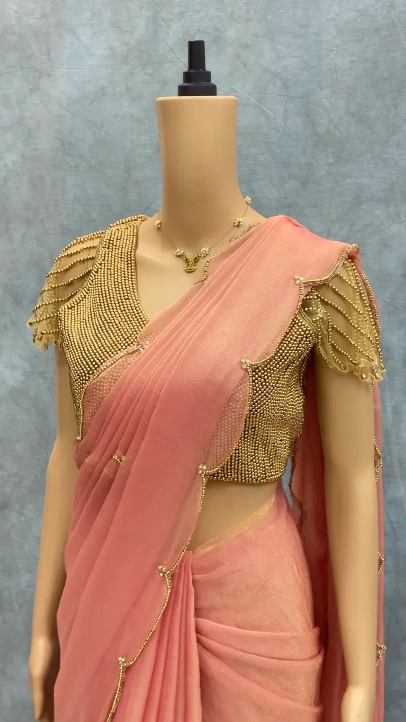 Exclusive Soft Space Georgette Silk Saree with Hand‑Pearl Work & Golden Stitched Blouse