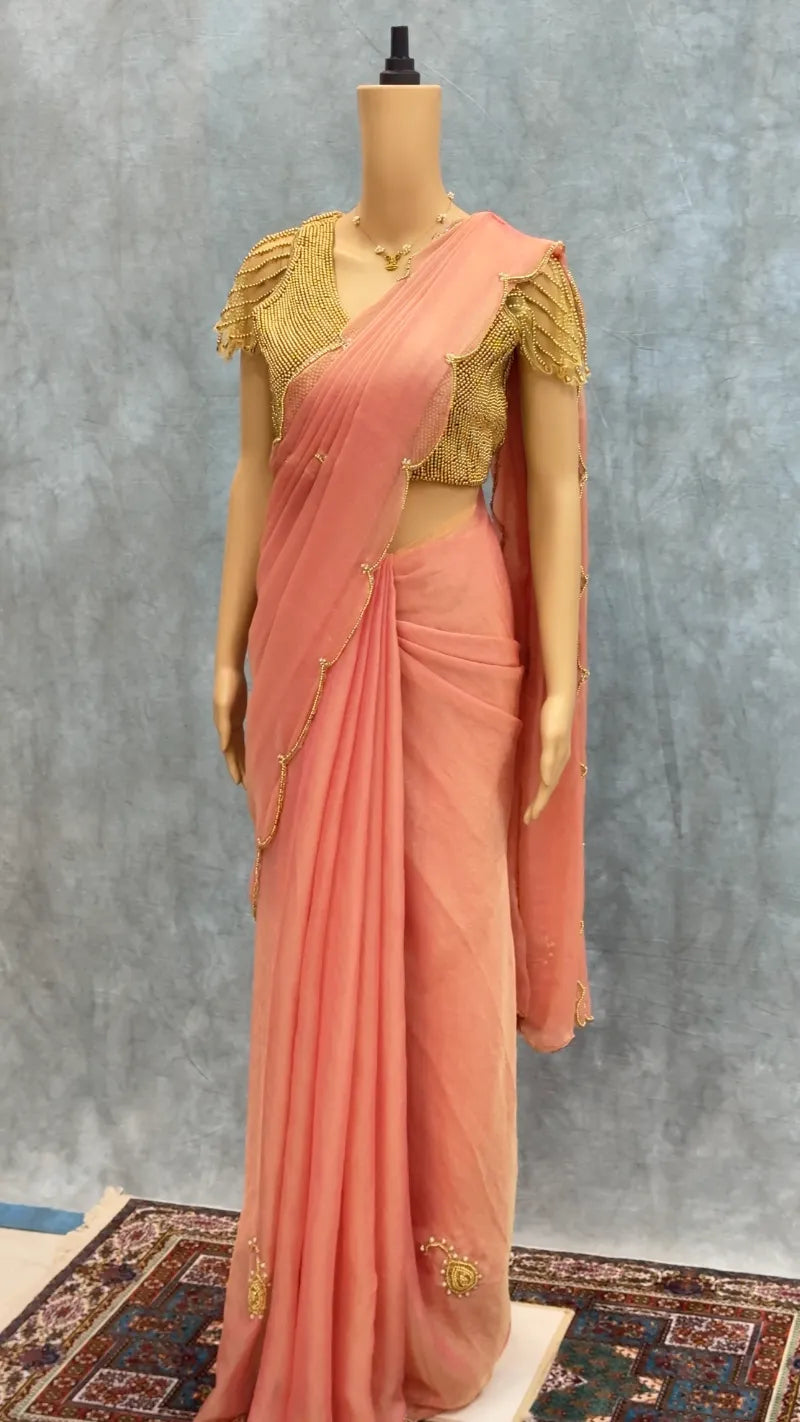 Exclusive Soft Space Georgette Silk Saree with Hand‑Pearl Work & Golden Stitched Blouse