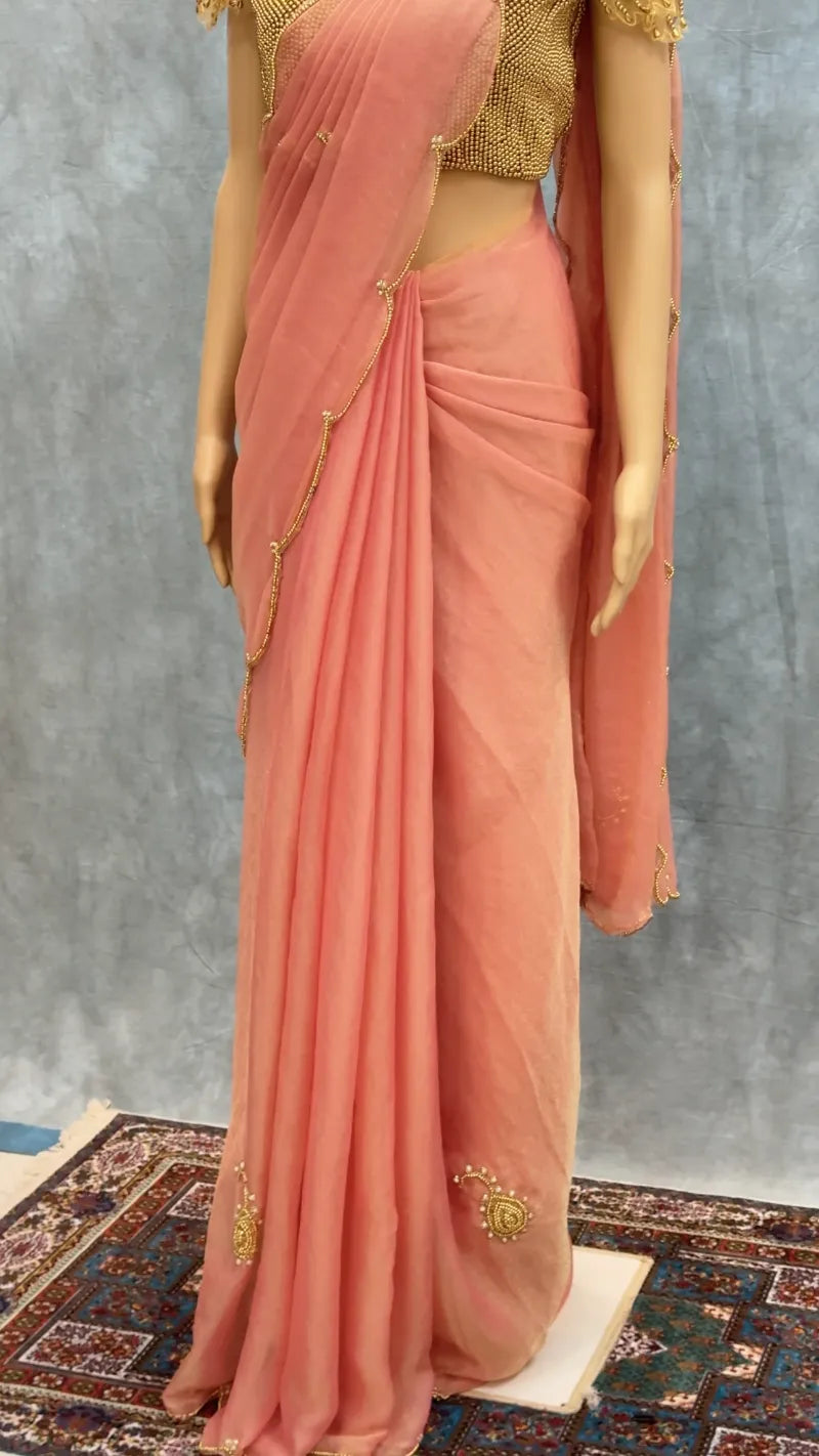 Exclusive Soft Space Georgette Silk Saree with Hand‑Pearl Work & Golden Stitched Blouse