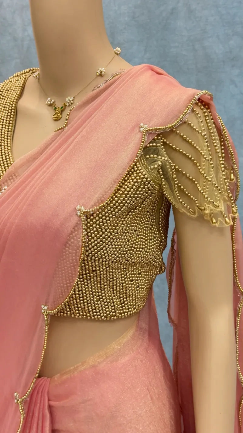 Exclusive Soft Space Georgette Silk Saree with Hand‑Pearl Work & Golden Stitched Blouse