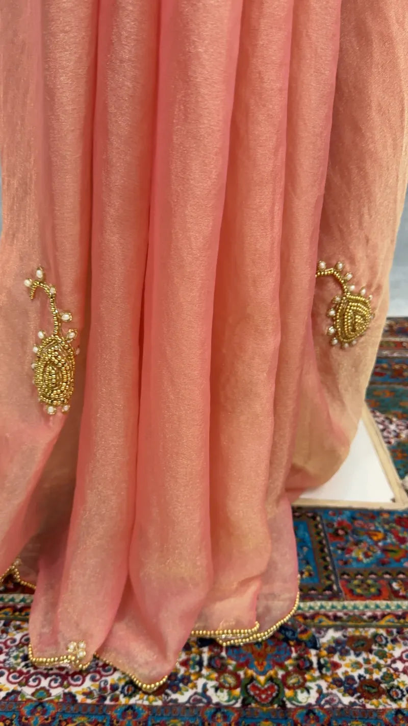 Exclusive Soft Space Georgette Silk Saree with Hand‑Pearl Work & Golden Stitched Blouse