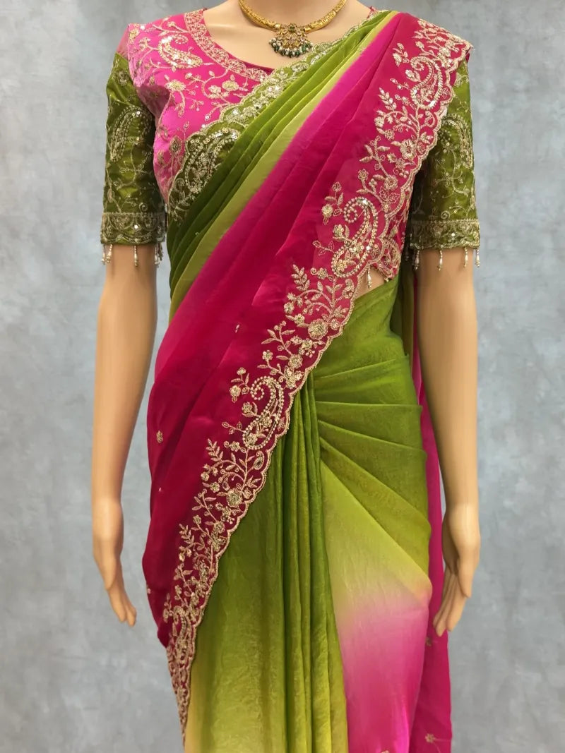 Premium Fendy Satin Saree with Embroidery Sequence Work & Heavy Jhal  Blouse