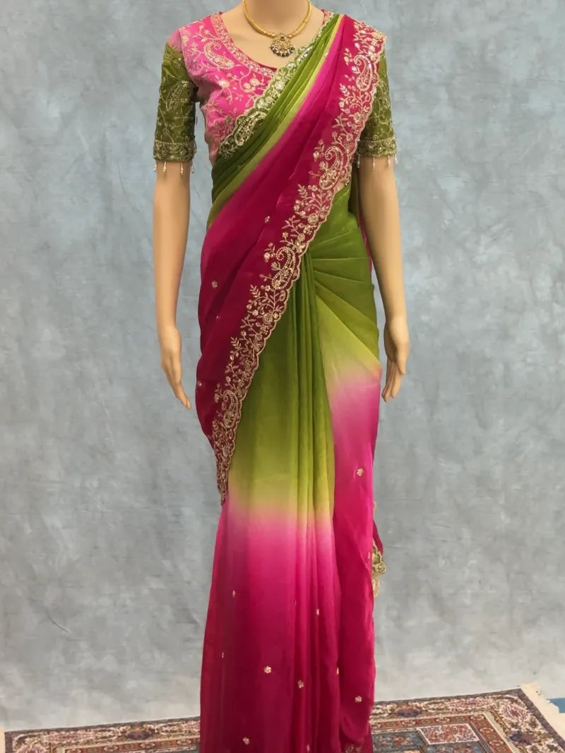 Premium Fendy Satin Saree with Embroidery Sequence Work & Heavy Jhal  Blouse