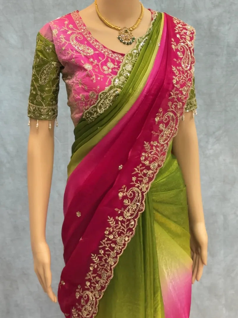 Premium Fendy Satin Saree with Embroidery Sequence Work & Heavy Jhal  Blouse