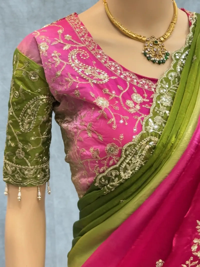 Premium Fendy Satin Saree with Embroidery Sequence Work & Heavy Jhal  Blouse