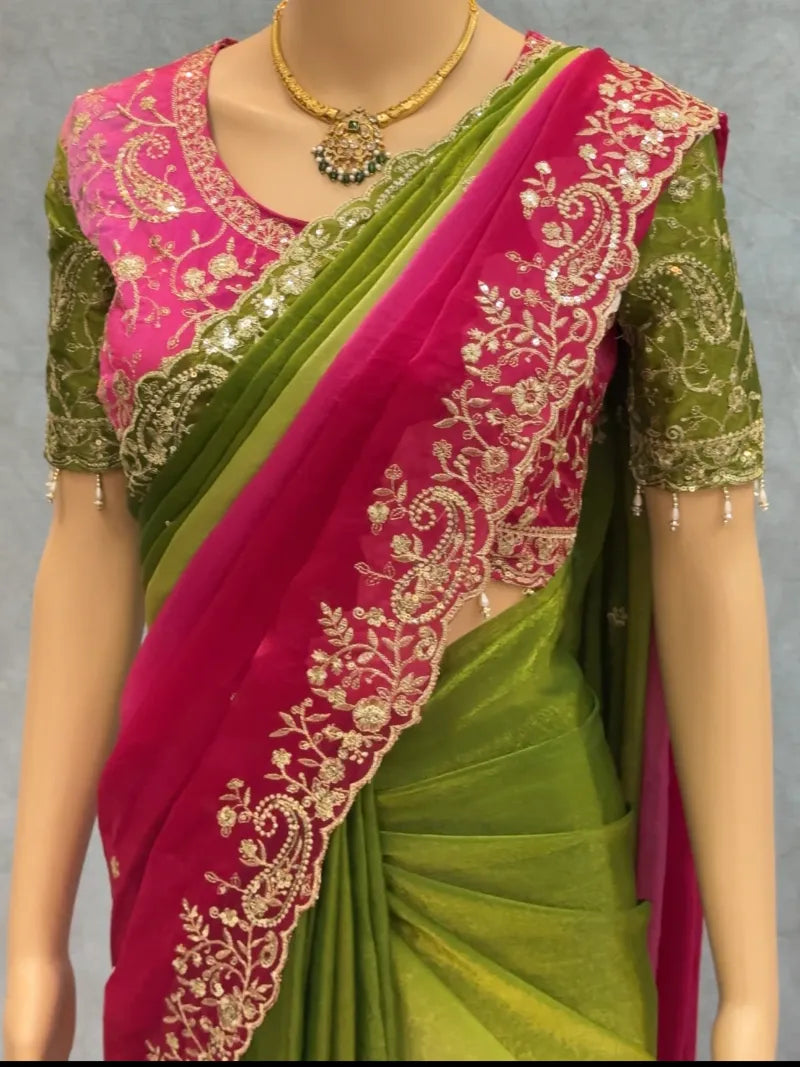 Premium Fendy Satin Saree with Embroidery Sequence Work & Heavy Jhal  Blouse