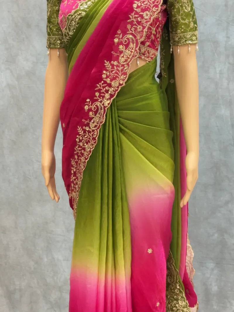 Premium Fendy Satin Saree with Embroidery Sequence Work & Heavy Jhal  Blouse