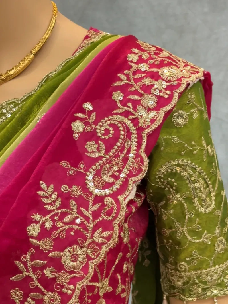 Premium Fendy Satin Saree with Embroidery Sequence Work & Heavy Jhal  Blouse