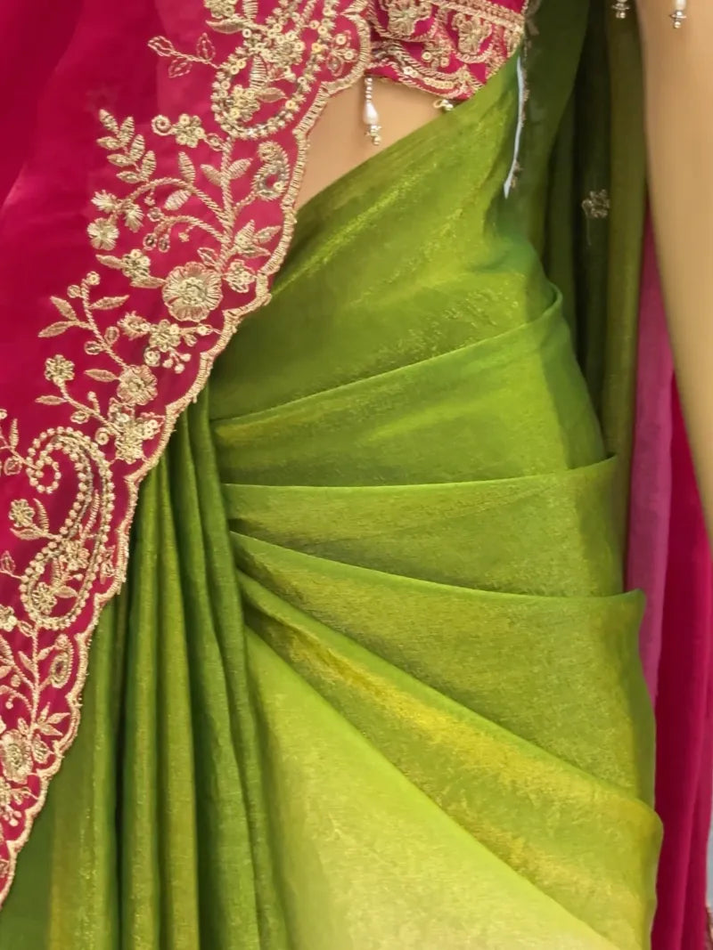Premium Fendy Satin Saree with Embroidery Sequence Work & Heavy Jhal  Blouse