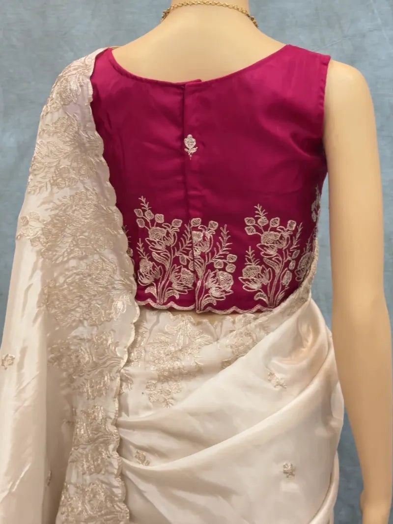 Premium Pure HO Silk Saree with Codding Work & Scallop Border – Contrast Blouse with Sleeve Work