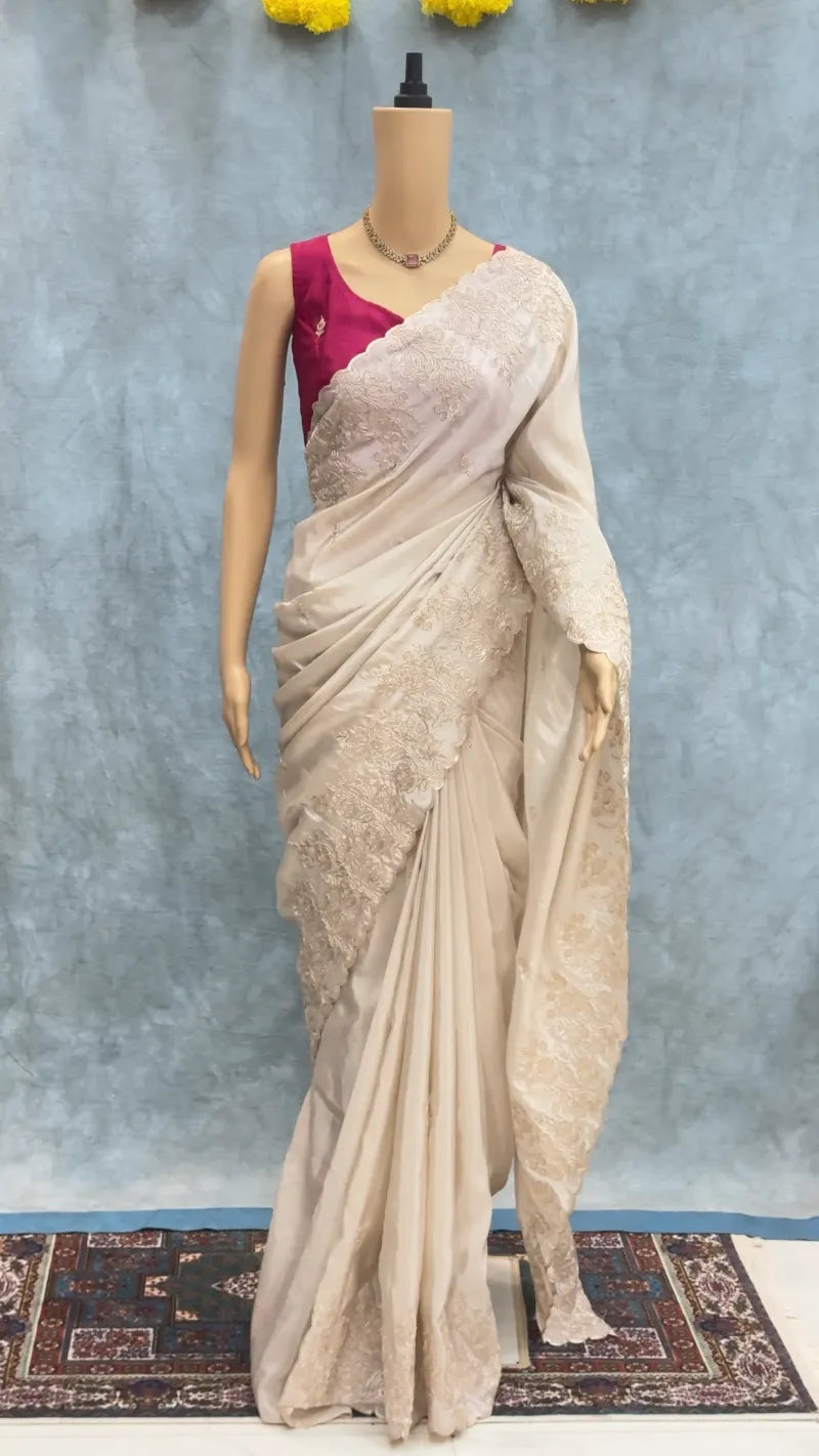 Premium Pure HO Silk Saree with Codding Work & Scallop Border – Contrast Blouse with Sleeve Work