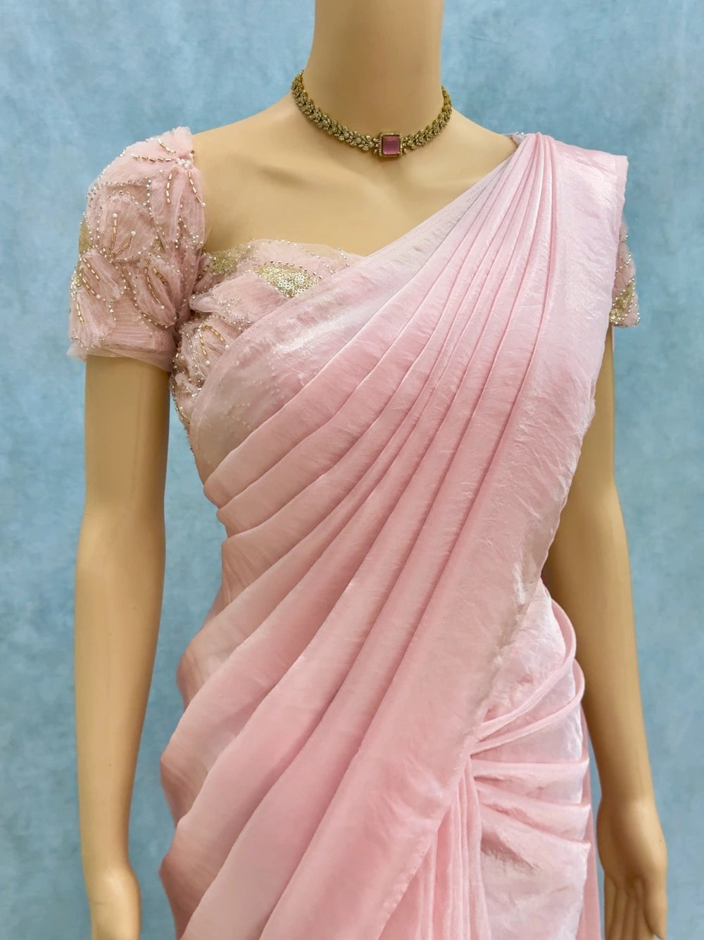 Premium Fandy Satin Silk Saree with Net Ribbon & Beads Work Designer Blouse