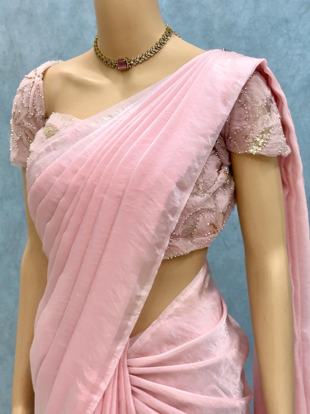 Premium Fandy Satin Silk Saree with Net Ribbon & Beads Work Designer Blouse