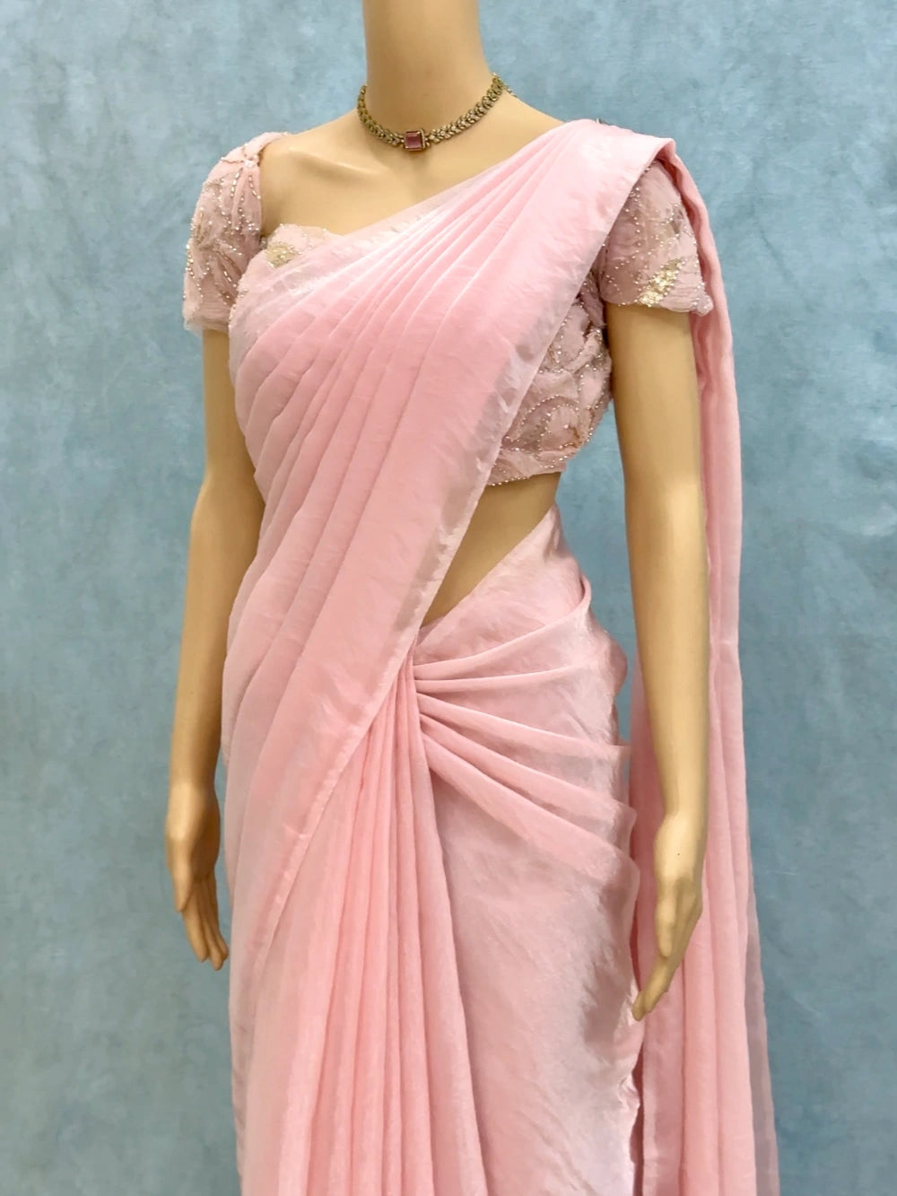 Premium Fandy Satin Silk Saree with Net Ribbon & Beads Work Designer Blouse