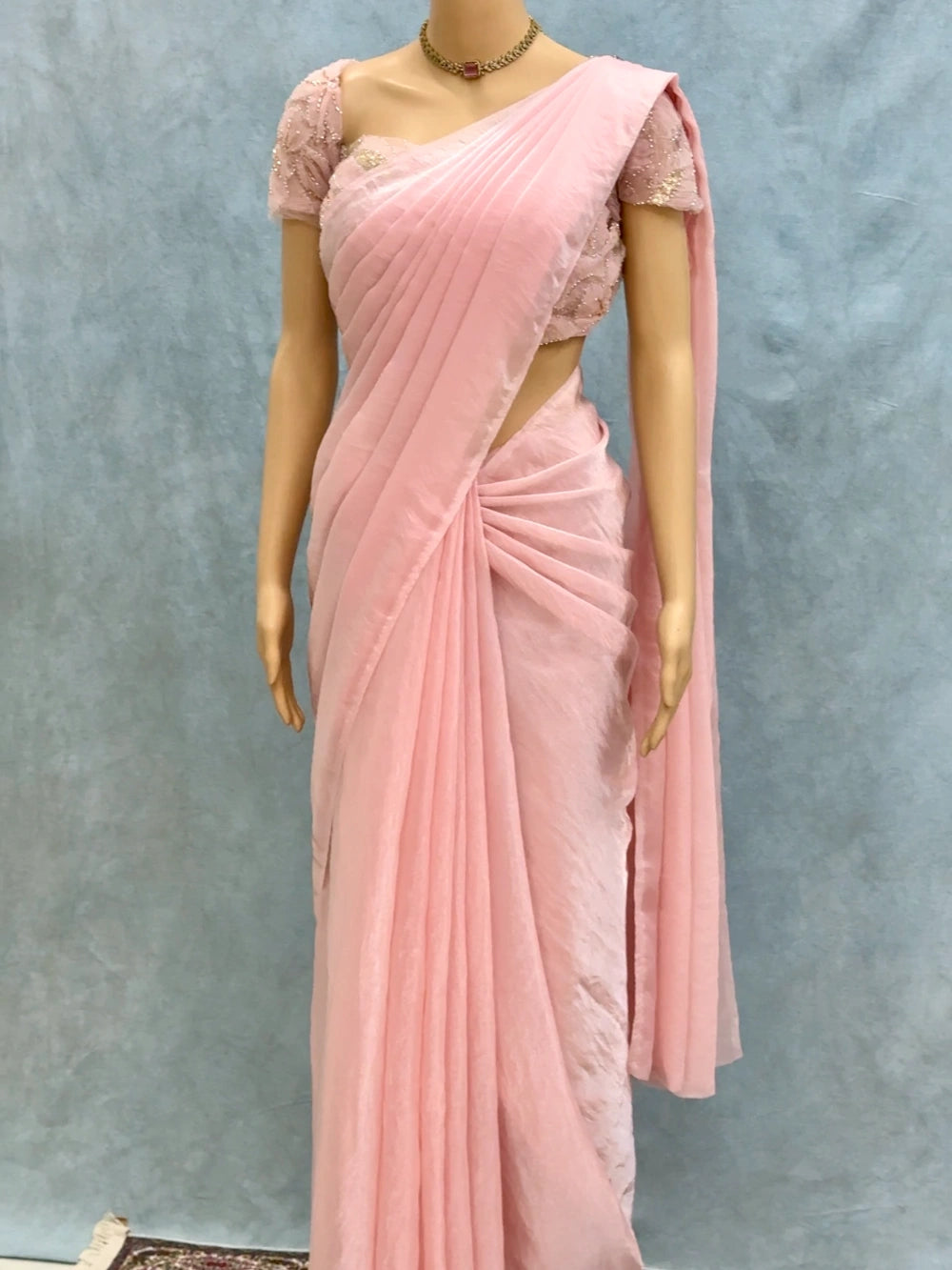 Premium Fandy Satin Silk Saree with Net Ribbon & Beads Work Designer Blouse