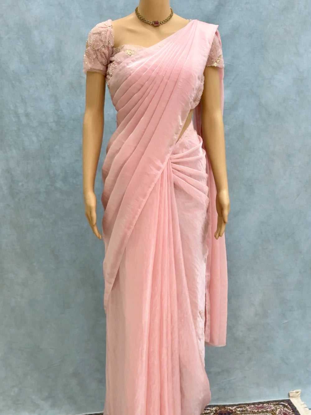 Premium Fandy Satin Silk Saree with Net Ribbon & Beads Work Designer Blouse