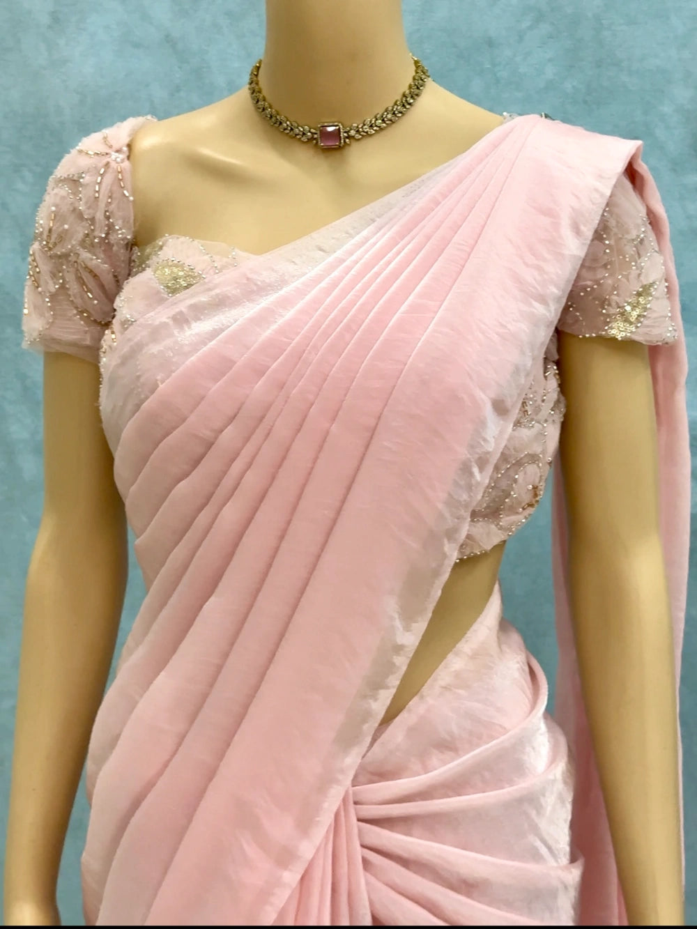 Premium Fandy Satin Silk Saree with Net Ribbon & Beads Work Designer Blouse