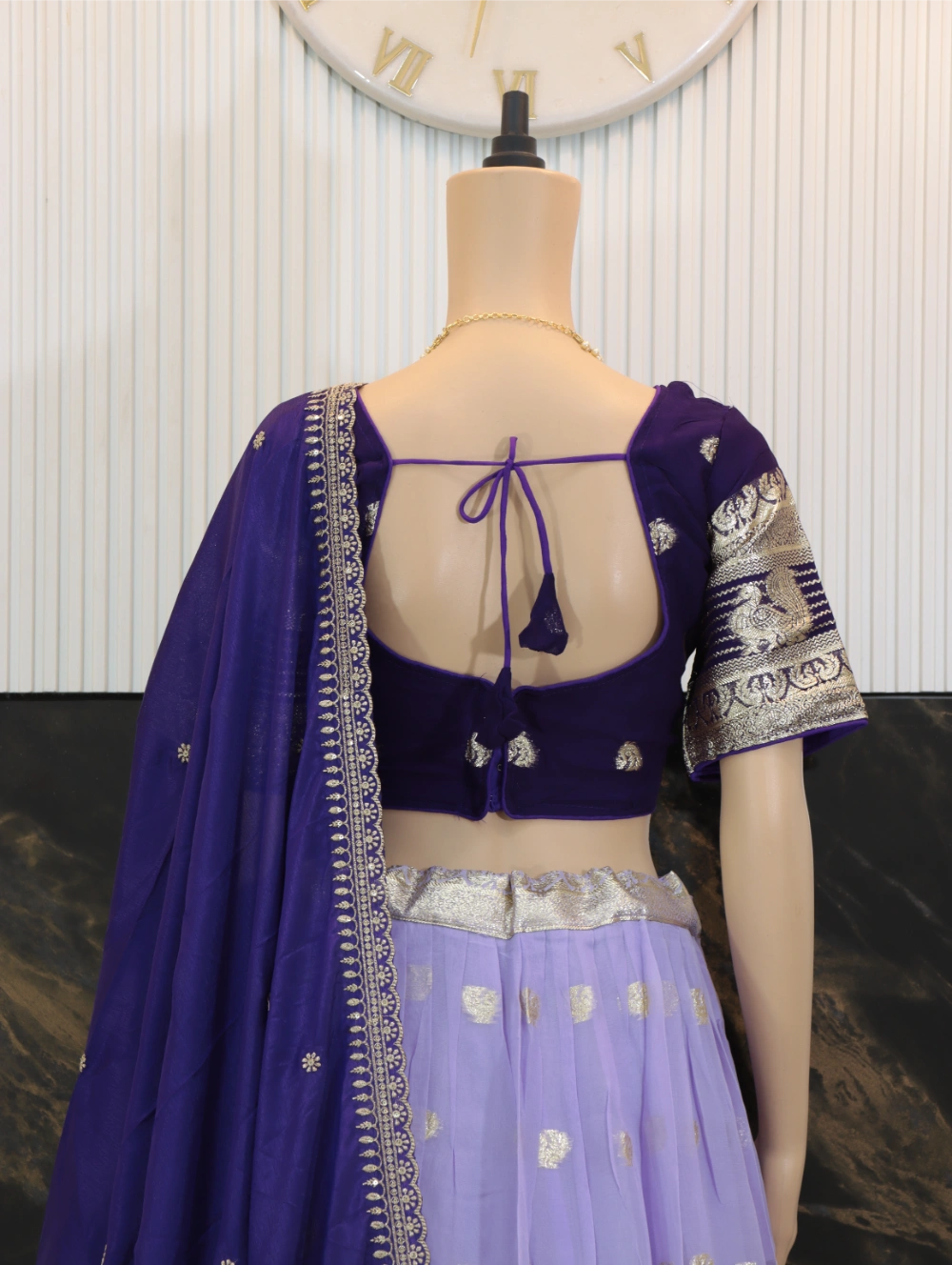 Pure Viscose Georgette Lehenga Choli with Zari Weaving Border and Embroidered Dupatta in White, Lavender, Pink, and Green – By Swaya World