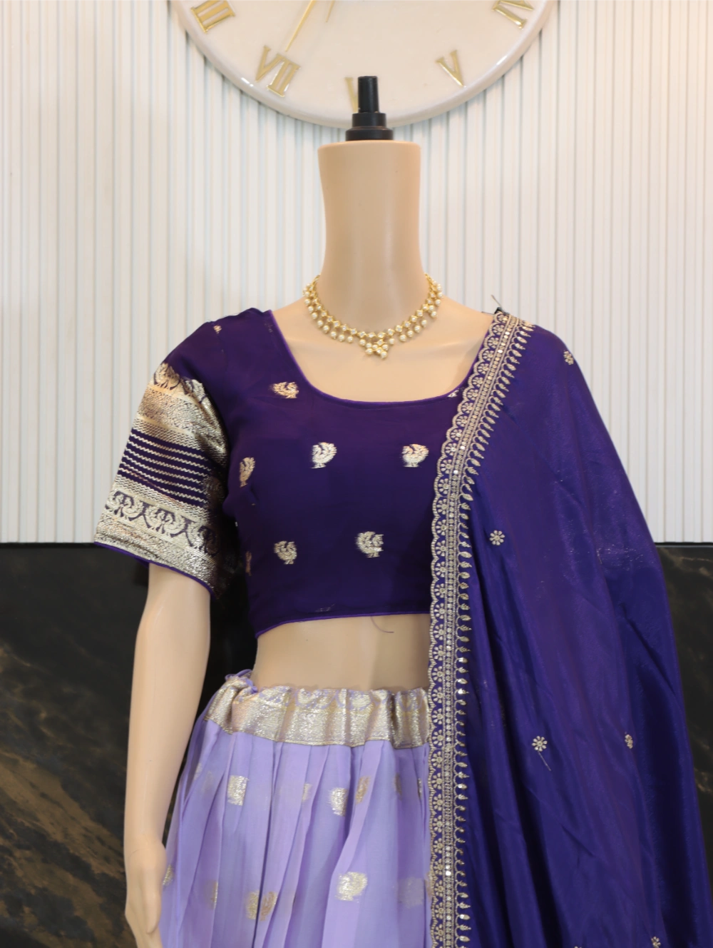 Pure Viscose Georgette Lehenga Choli with Zari Weaving Border and Embroidered Dupatta in White, Lavender, Pink, and Green – By Swaya World