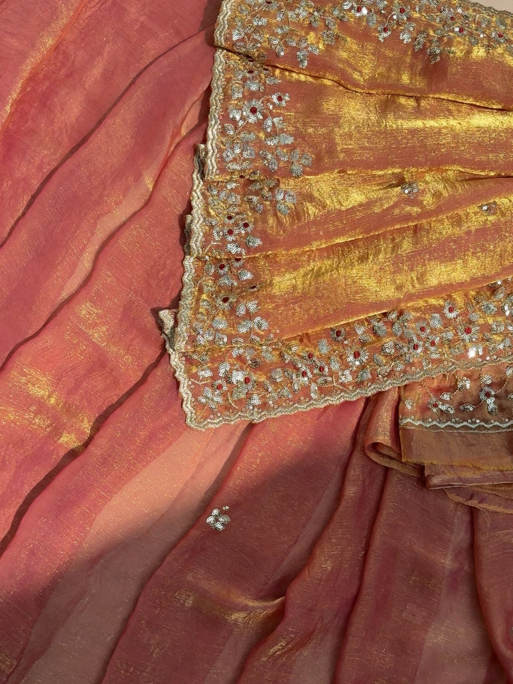 Heavy Soft Fandy Chiffon Silk Saree with Embroidered C-Pallu, Zari & Sequin Work + Cutwork Border – Unstitched Embroidered Blouse Included