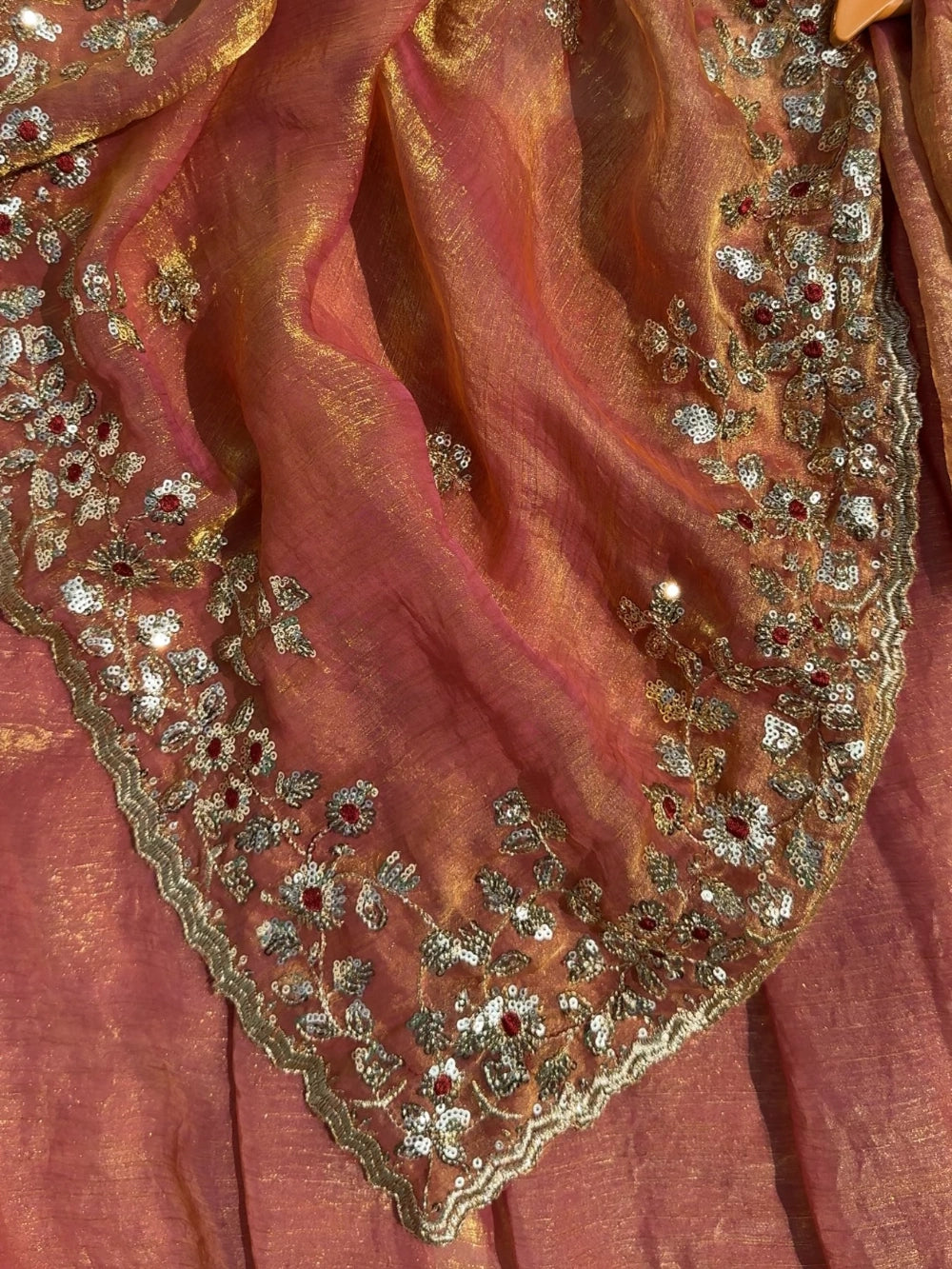 Heavy Soft Fandy Chiffon Silk Saree with Embroidered C-Pallu, Zari & Sequin Work + Cutwork Border – Unstitched Embroidered Blouse Included