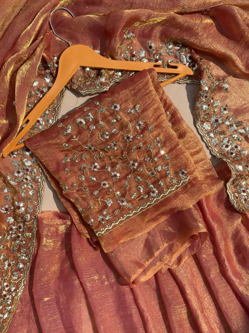 Heavy Soft Fandy Chiffon Silk Saree with Embroidered C-Pallu, Zari & Sequin Work + Cutwork Border – Unstitched Embroidered Blouse Included