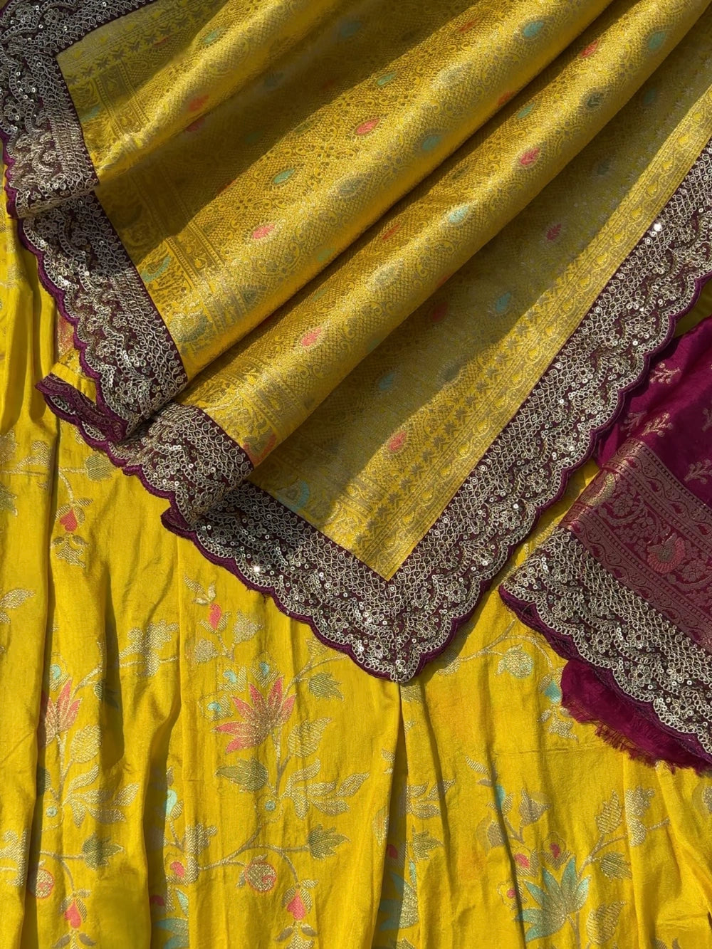 Pure Banarasi Pattu Saree with All-Over Floral Weaving, Scalloped Embroidery Border & Contrast Stitched Blouse
