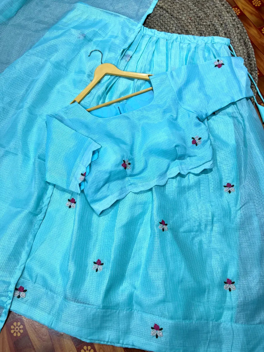 Premium Kota Checks Lehenga with Floral Embroidery – Designer Stitched Blouse