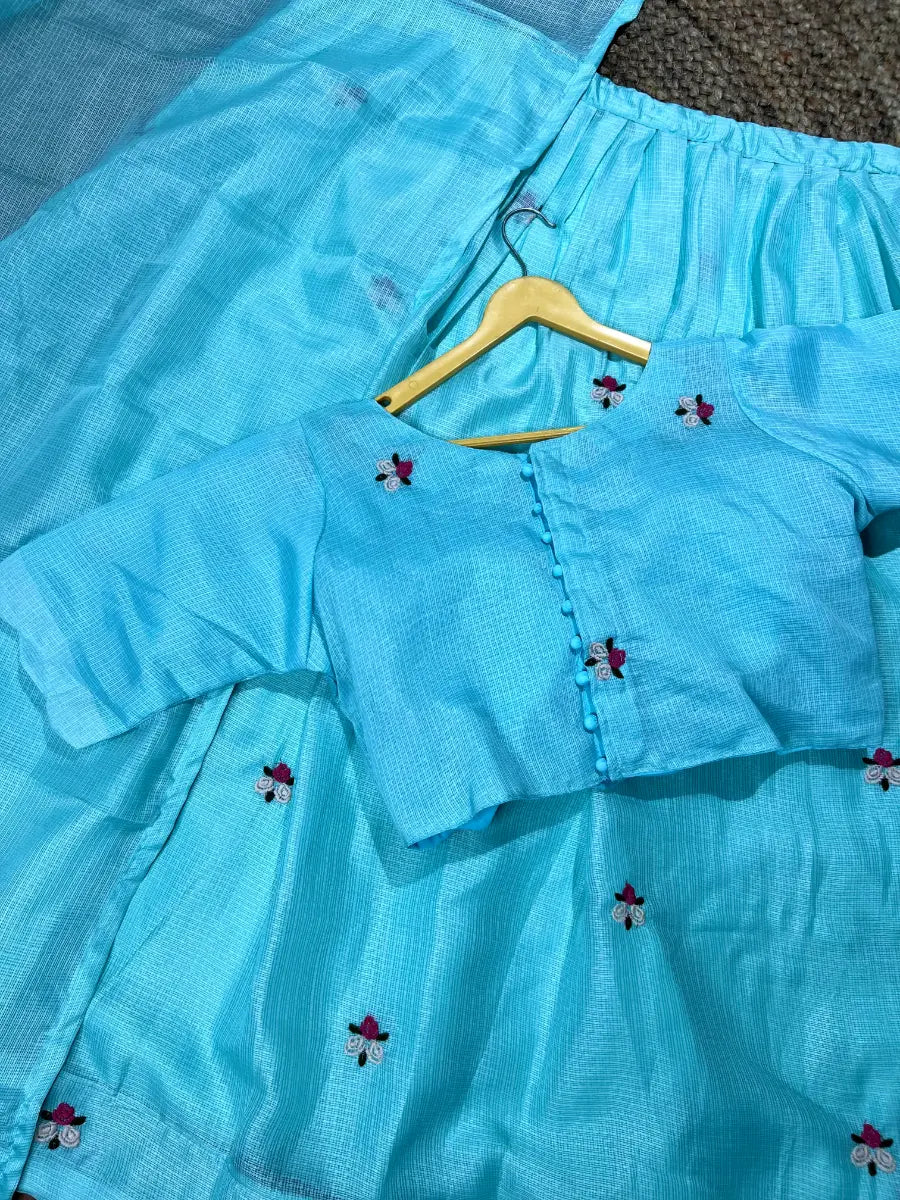 Premium Kota Checks Lehenga with Floral Embroidery – Designer Stitched Blouse
