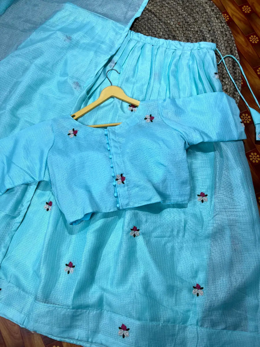 Premium Kota Checks Lehenga with Floral Embroidery – Designer Stitched Blouse