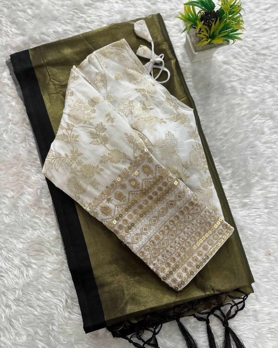 Pure Soft Organza Tissue Silk With Weave Zari, Heavy Tussles & with Fully Stitched Blouse with Different Colors By Swaya World