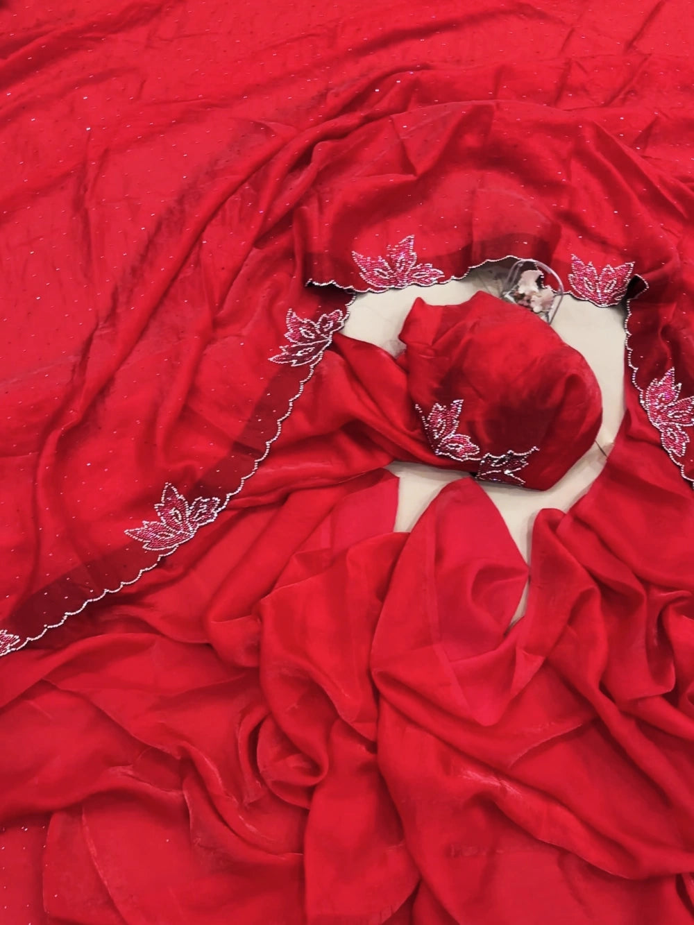 Lotus Swarovski Diamond Work Blooming Red Georgette Saree with Dual-Tone Diamond Embellishments & Matching Blouse