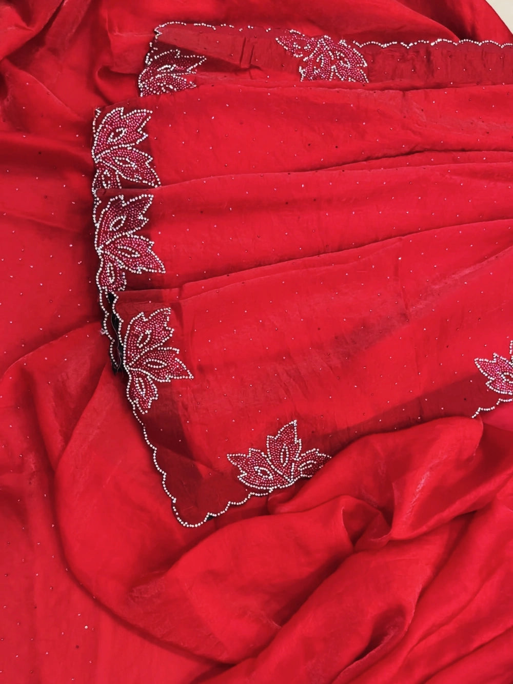 Lotus Swarovski Diamond Work Blooming Red Georgette Saree with Dual-Tone Diamond Embellishments & Matching Blouse