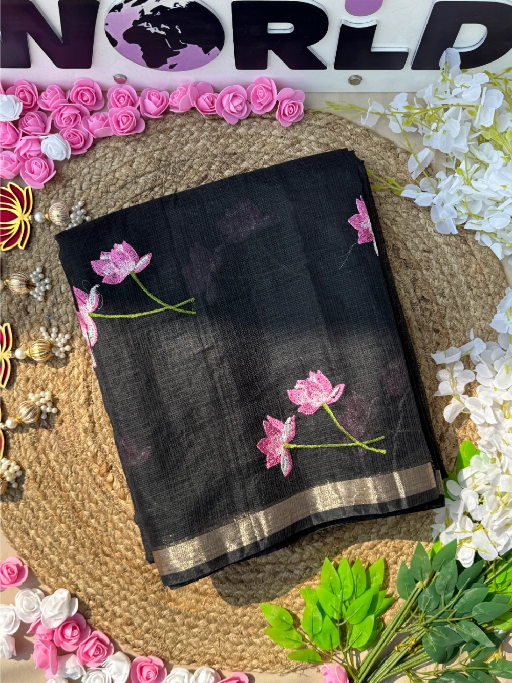 Premium Pure Kota Doriya Silk Saree with Multithread Lotus Work – Matching Running Blouse Included
