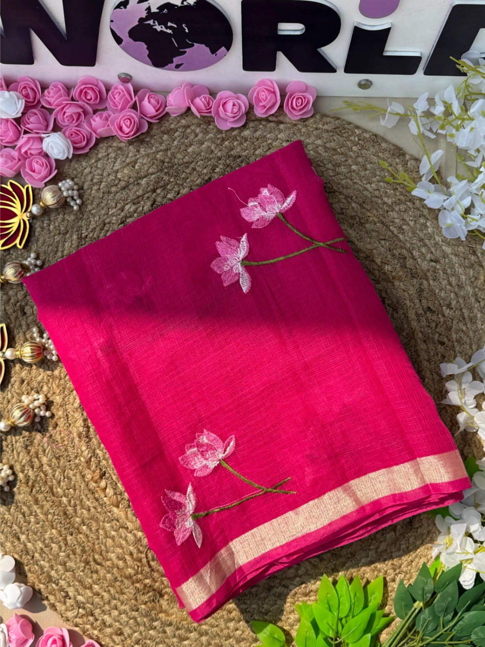 Premium Pure Kota Doriya Silk Saree with Multithread Lotus Work – Matching Running Blouse Included