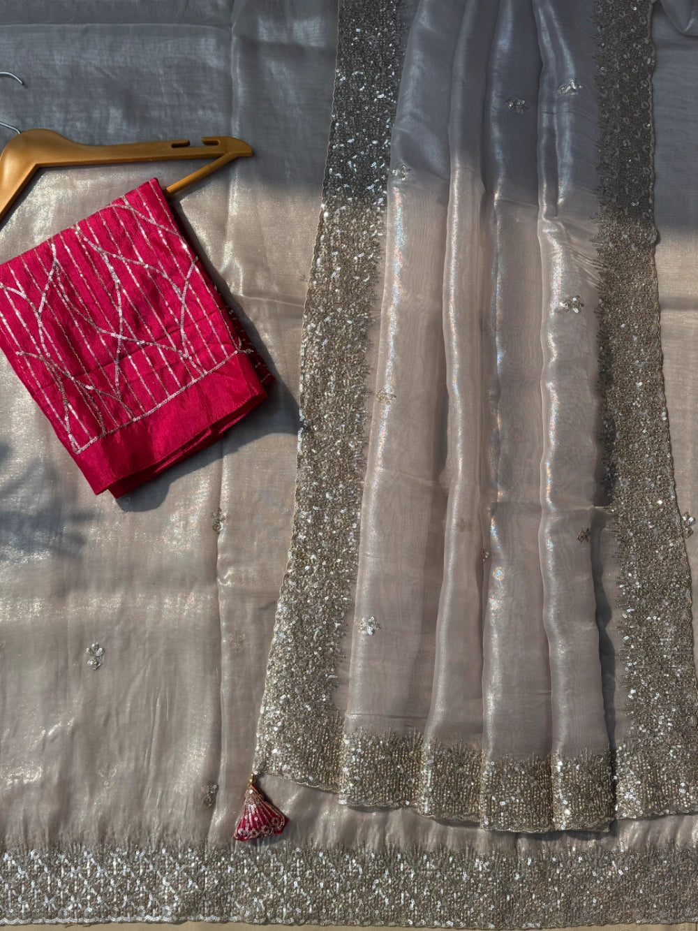 Pure Tissue Saree with All-Over Sequin Butties, Coded Sequin Border & Designer Tassel Pallu – Stitched Blouse Included