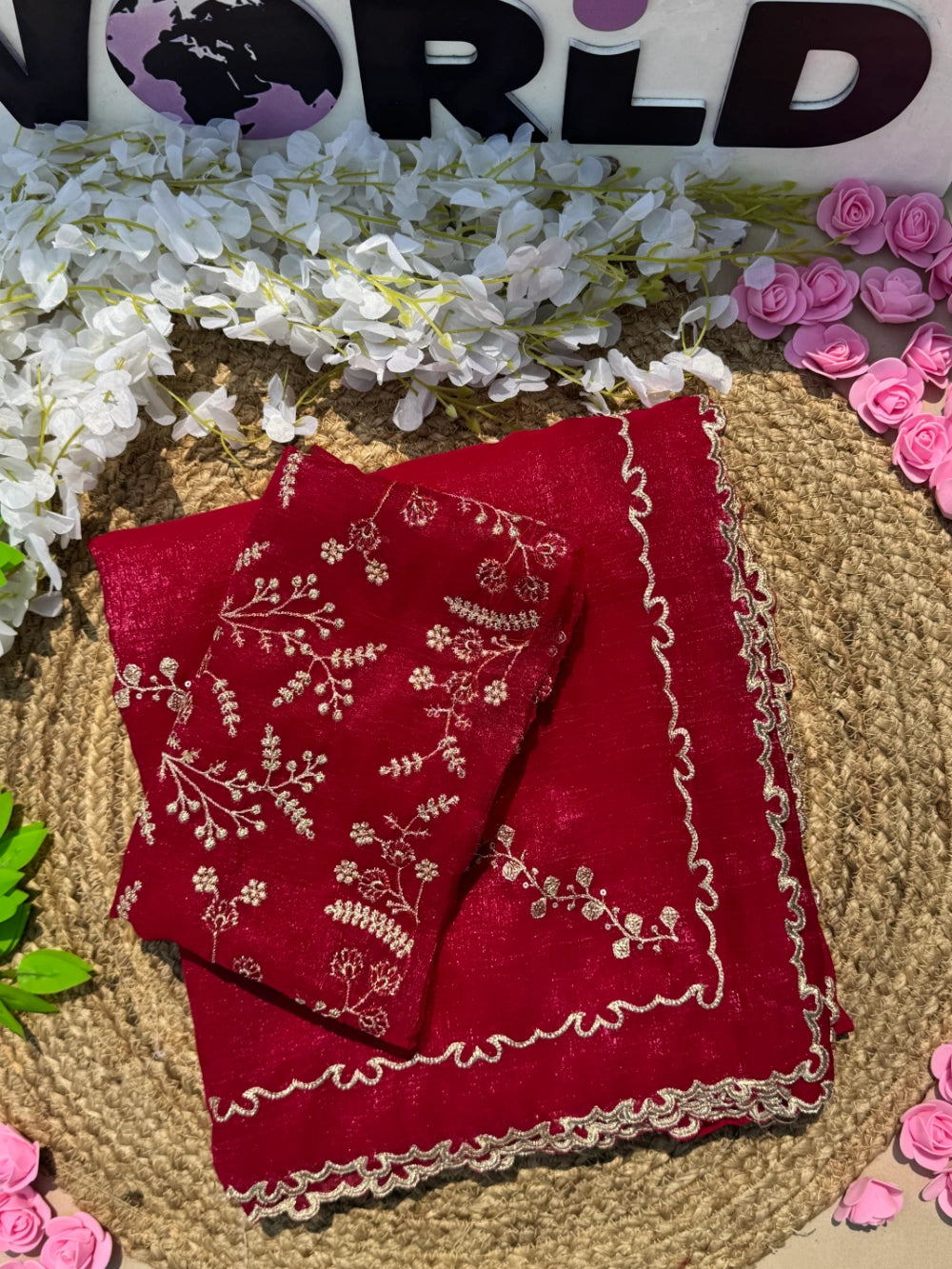 Premium Pure Crunchy Chimmer Crush Saree with Heavy Multithread Sequin Coding & Designer Scalloped Border – Matching Blouse Included