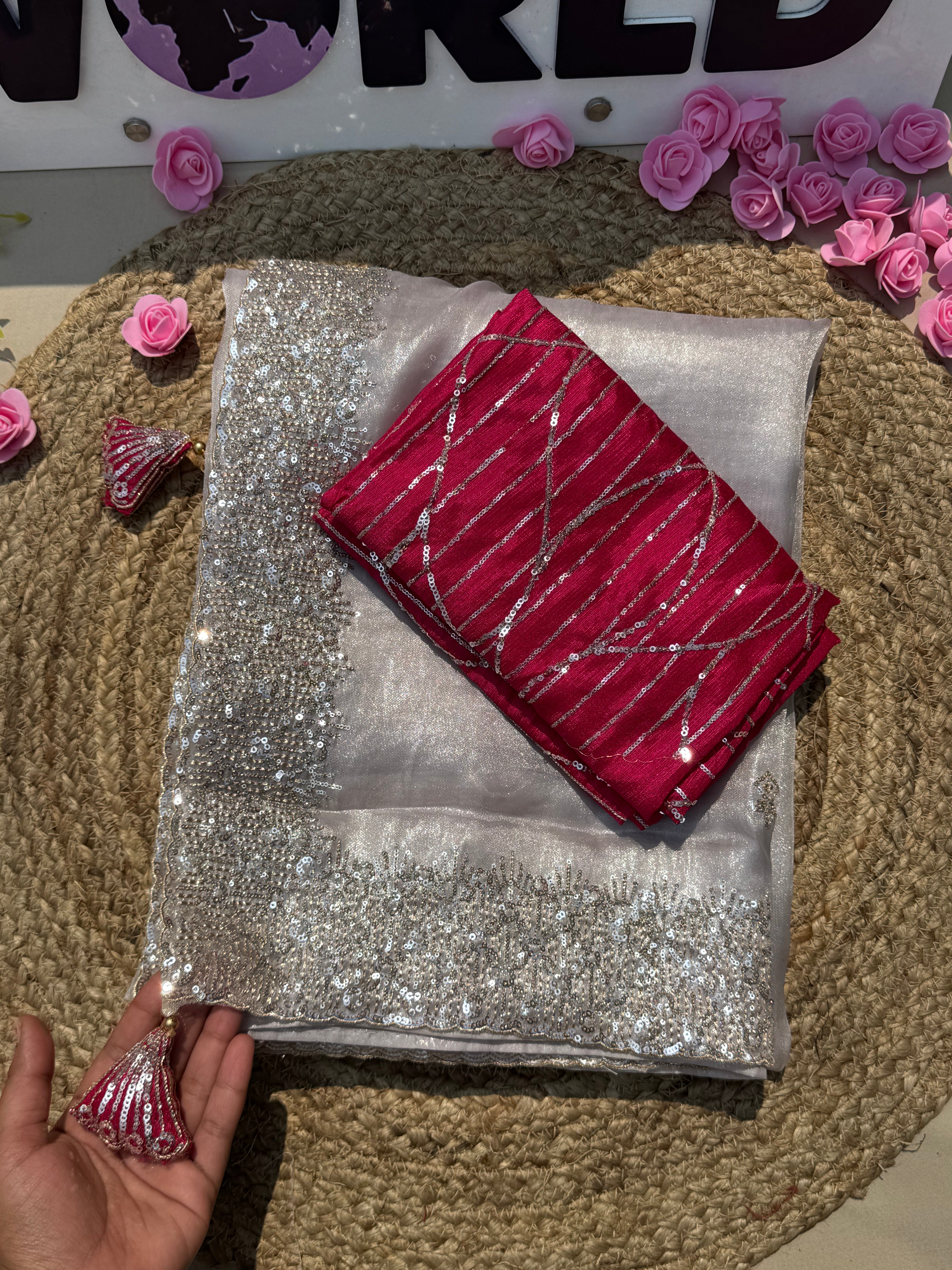 Pure Tissue Saree with All-Over Sequin Butties, Coded Sequin Border & Designer Tassel Pallu – Stitched Blouse Included