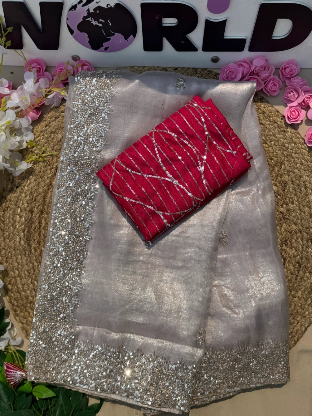 Pure Tissue Saree with All-Over Sequin Butties, Coded Sequin Border & Designer Tassel Pallu – Stitched Blouse Included