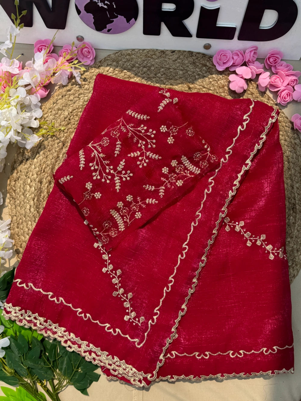 Premium Pure Crunchy Chimmer Crush Saree with Heavy Multithread Sequin Coding & Designer Scalloped Border – Matching Blouse Included