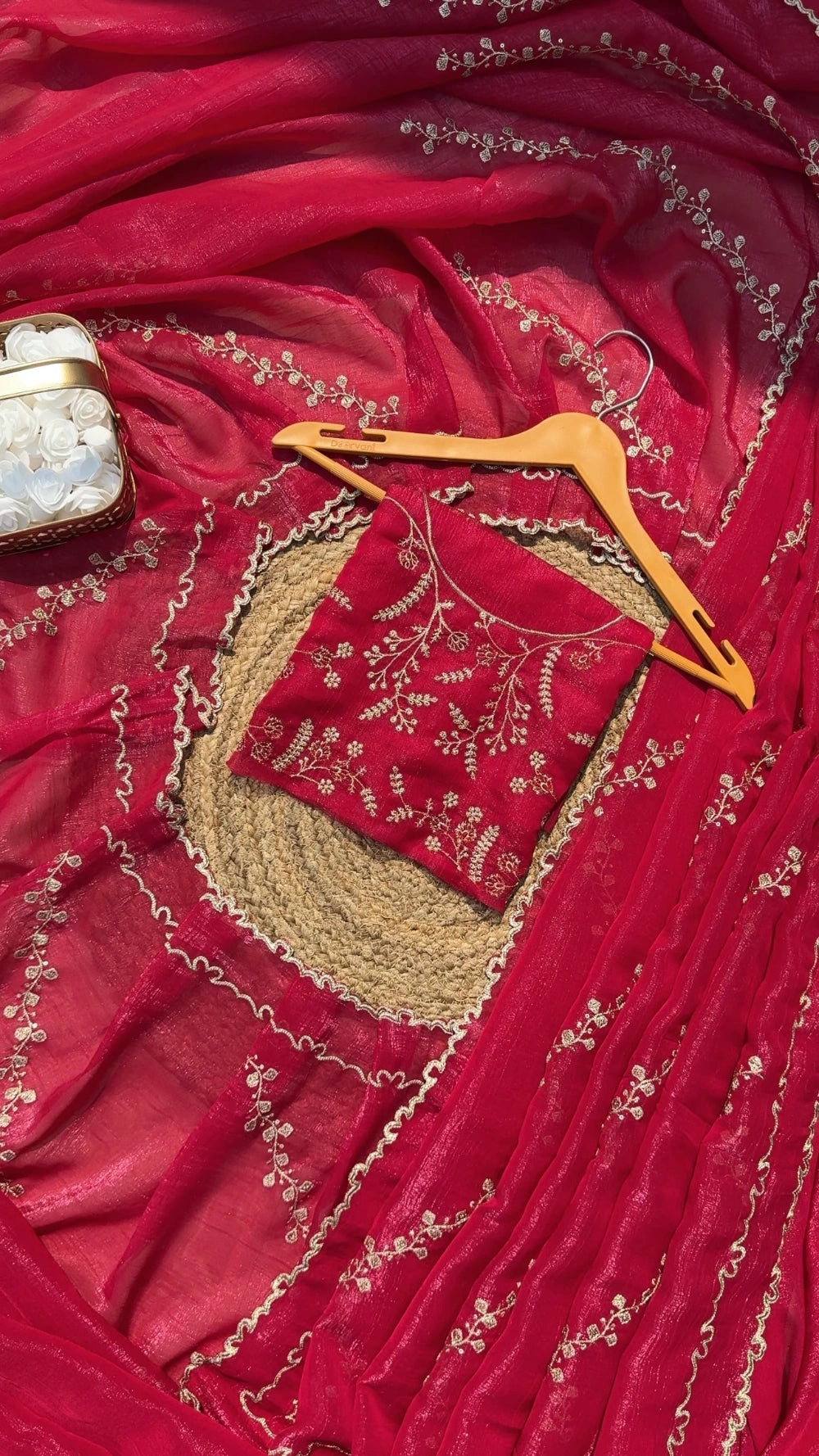 Premium Pure Crunchy Chimmer Crush Saree with Heavy Multithread Sequin Coding & Designer Scalloped Border – Matching Blouse Included