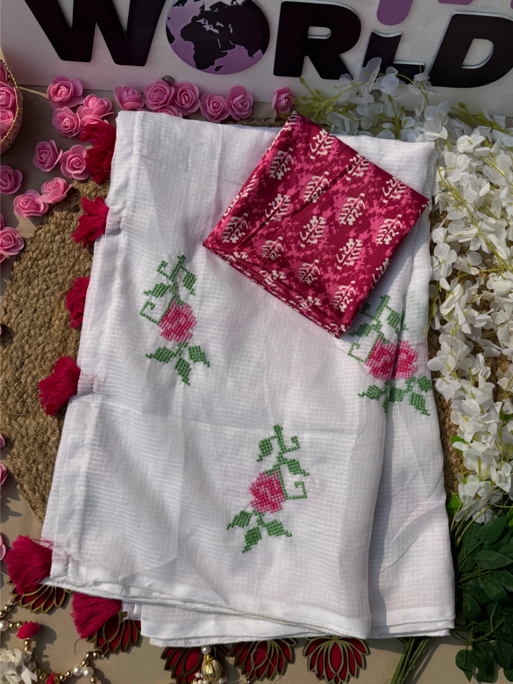 Pure Kota Doriya Saree with Multicolor Cross-Stitch Floral Thread Work & Designer Tassel Pallu – Teamed with Printed Blouse