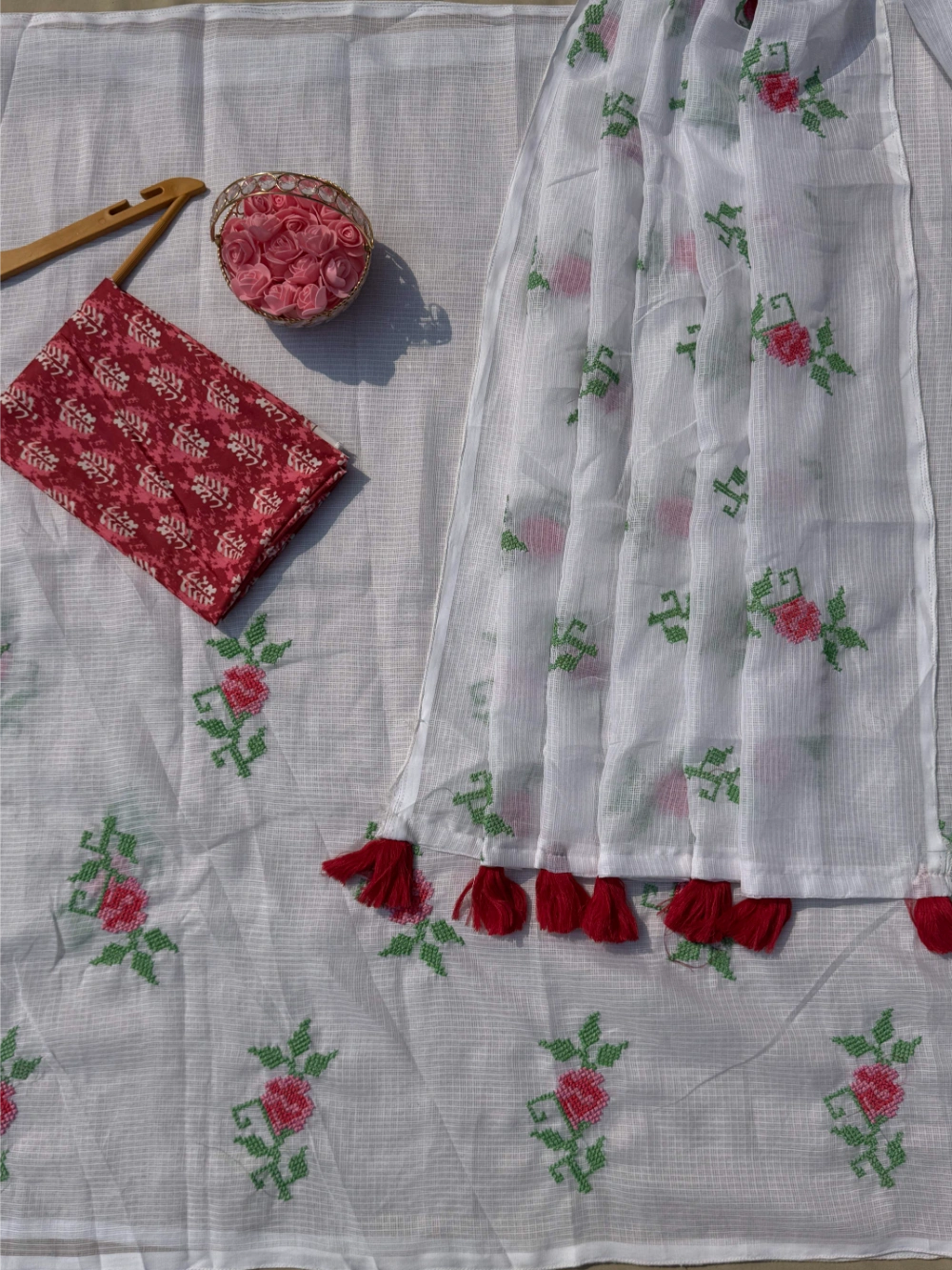 Pure Kota Doriya Saree with Multicolor Cross-Stitch Floral Thread Work & Designer Tassel Pallu – Teamed with Printed Blouse