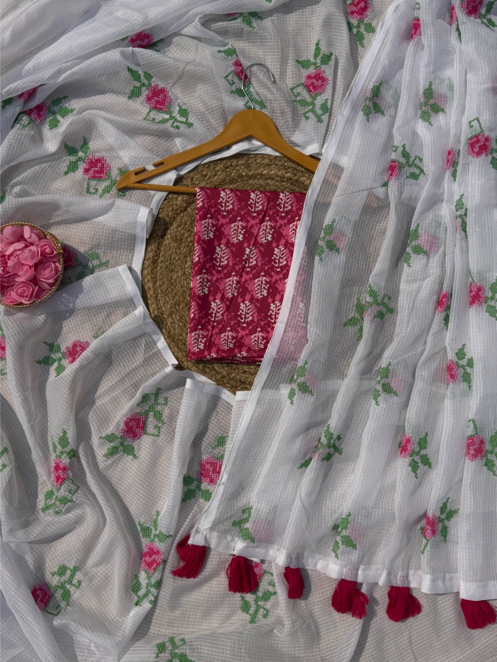 Pure Kota Doriya Saree with Multicolor Cross-Stitch Floral Thread Work & Designer Tassel Pallu – Teamed with Printed Blouse