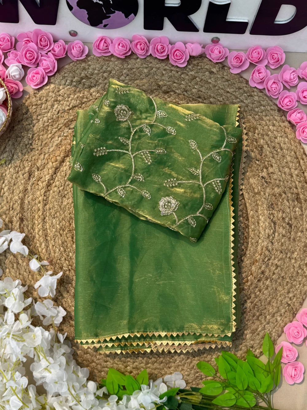 Soft Space Silk Fendy Satin Saree with Lace Border – Fancy Sequin Embroidered Blouse Included