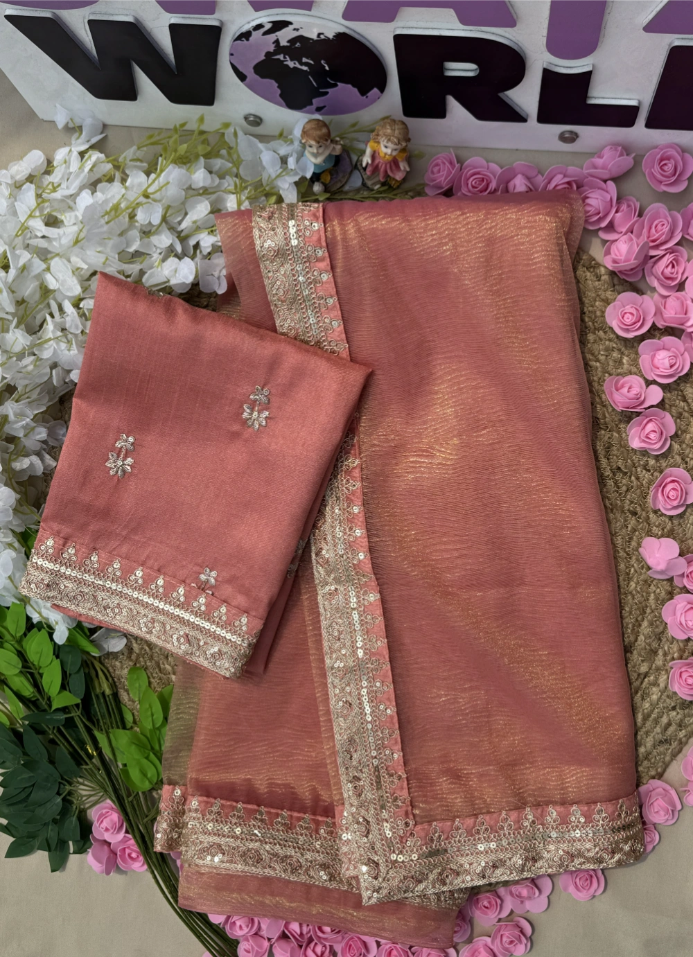 Banarasi Crush Twill Saree with Sequin & Dori Embroidery – Heavy Bangalori Sequin Blouse Included
