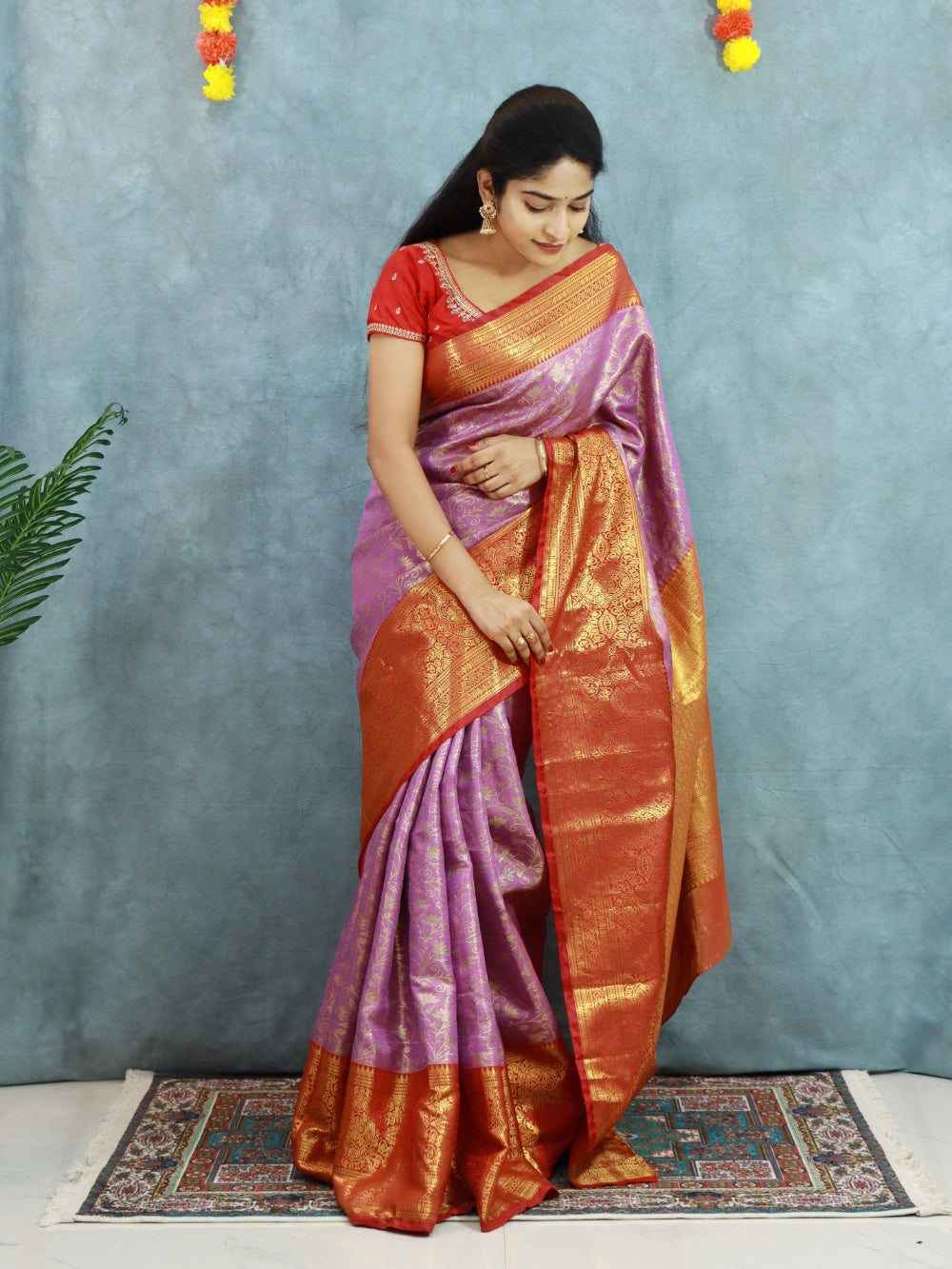 Lavender Semi-Pure Kanjiviram Silk Saree with Red Contrast Pallu, Zari Weaving & Brocade Blouse – Premium Pattu Collection