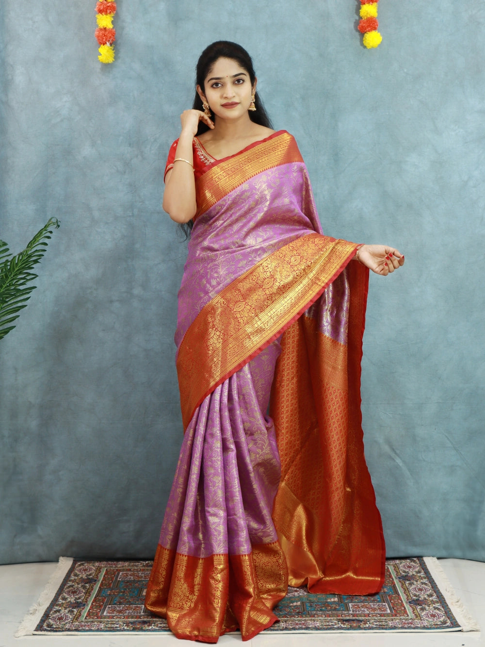Lavender Semi-Pure Kanjiviram Silk Saree with Red Contrast Pallu, Zari Weaving & Brocade Blouse – Premium Pattu Collection