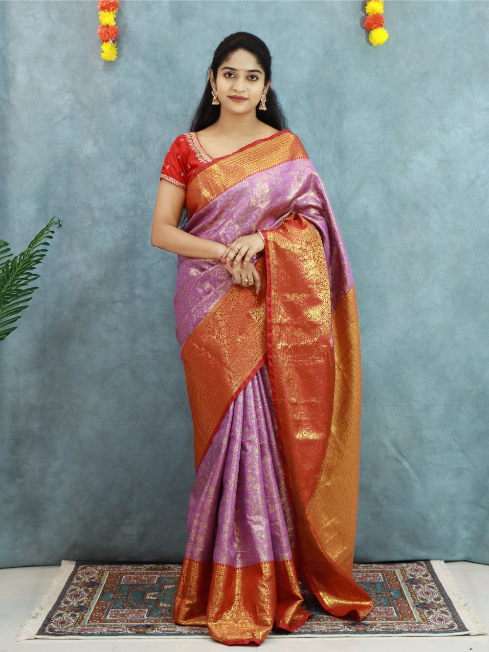 Lavender Semi-Pure Kanjiviram Silk Saree with Red Contrast Pallu, Zari Weaving & Brocade Blouse – Premium Pattu Collection