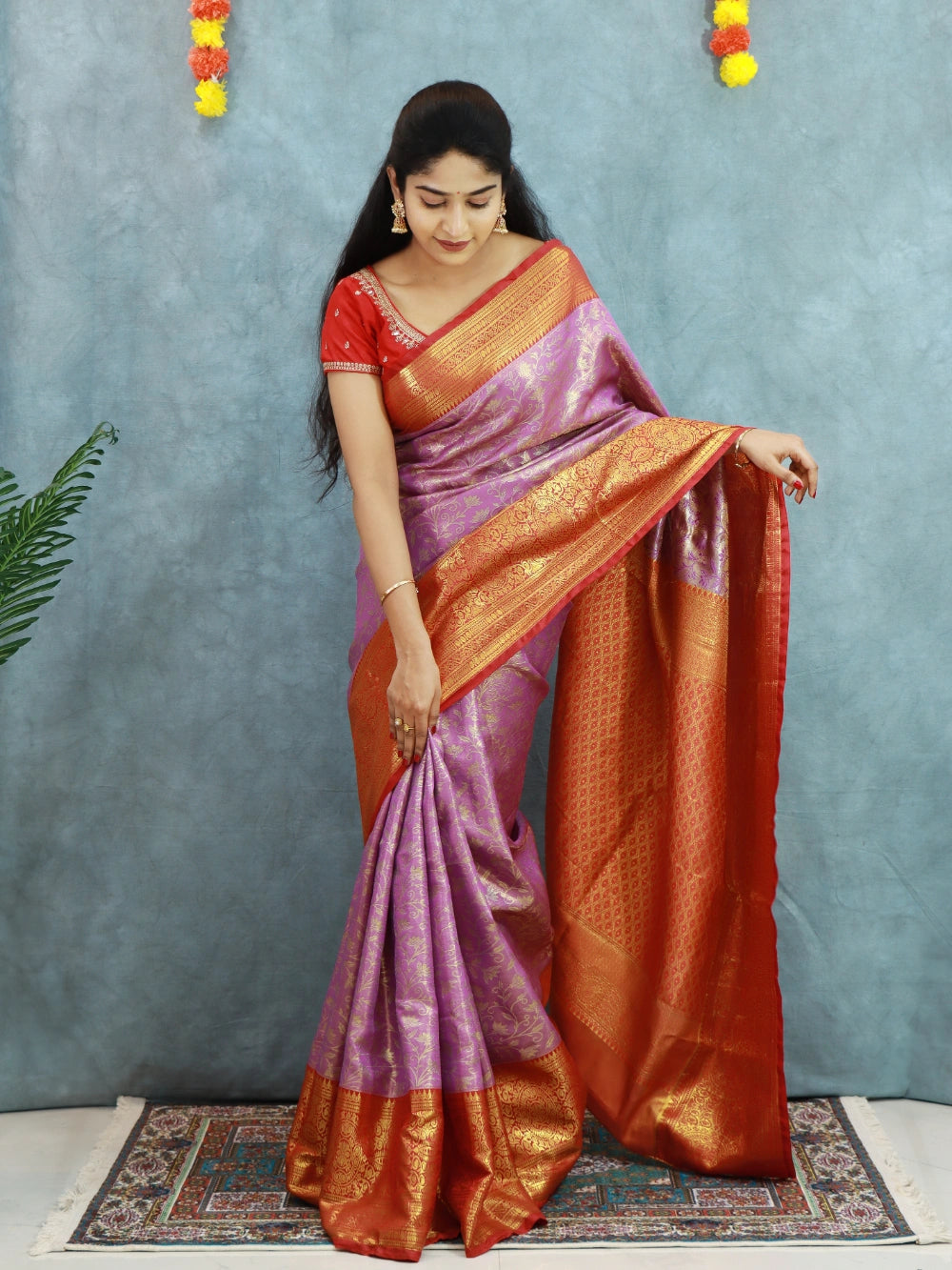 Lavender Semi-Pure Kanjiviram Silk Saree with Red Contrast Pallu, Zari Weaving & Brocade Blouse – Premium Pattu Collection